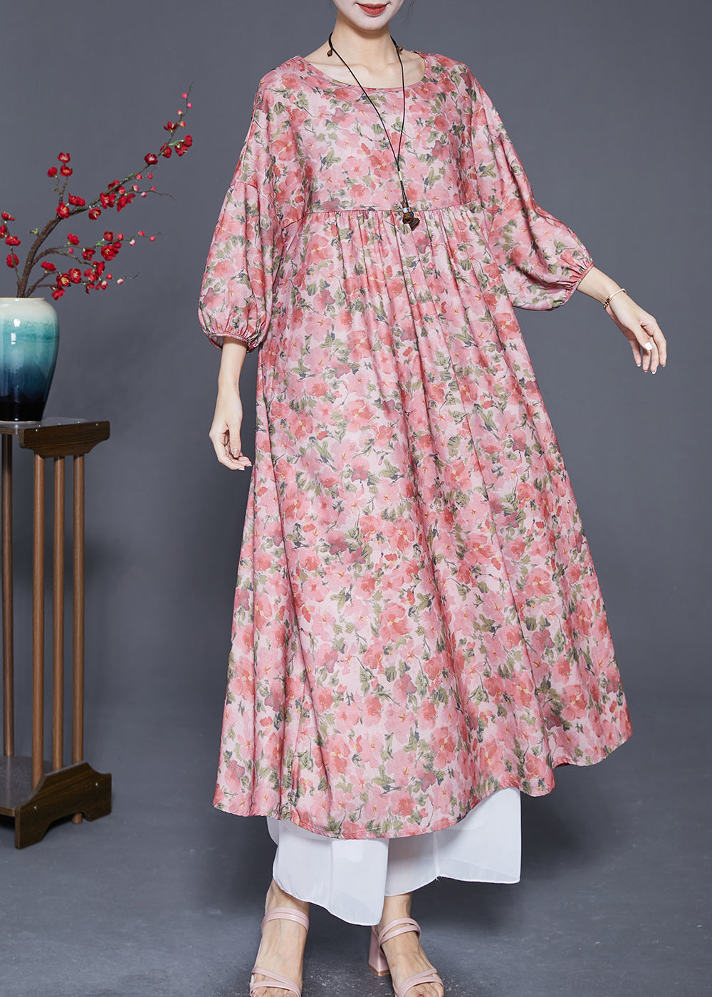 Classy Pink Oversized Print Cotton Dress Bracelet Sleeve Ada Fashion