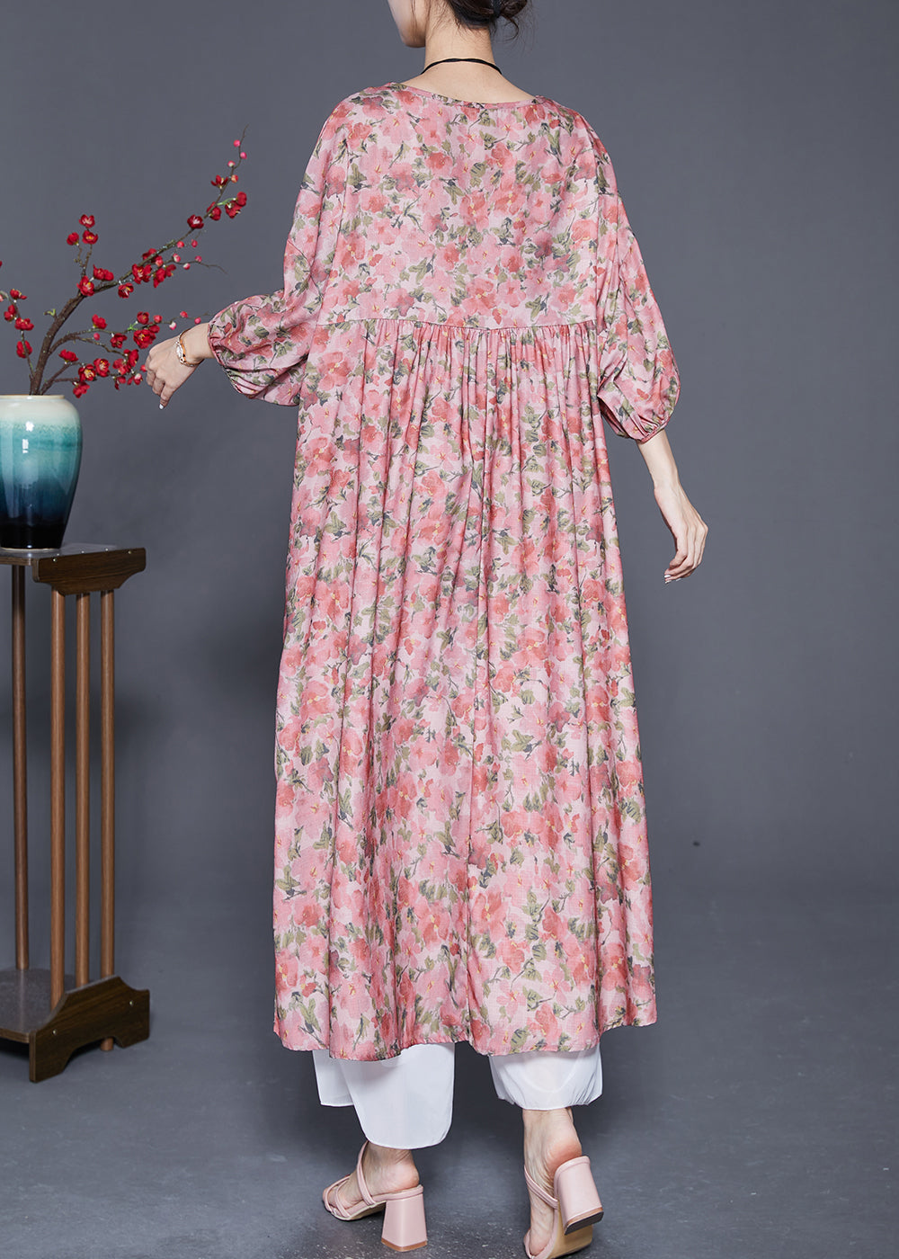 Classy Pink Oversized Print Cotton Dress Bracelet Sleeve Ada Fashion