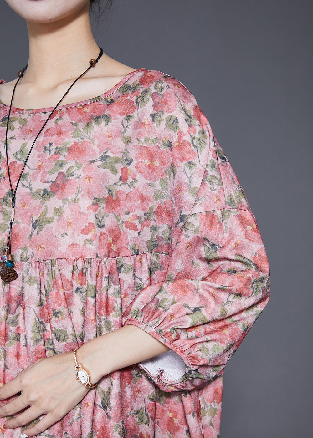 Classy Pink Oversized Print Cotton Dress Bracelet Sleeve Ada Fashion