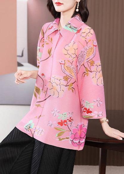 Classy Pink Oversized Print Wrinkled Blouse Top Bracelet Sleeve LY2735 - fabuloryshop