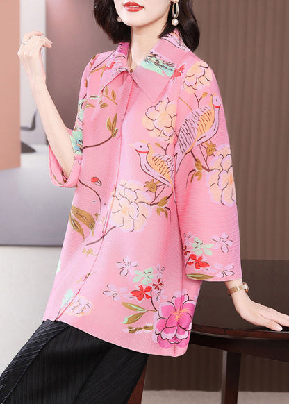 Classy Pink Oversized Print Wrinkled Blouse Top Bracelet Sleeve LY2735 - fabuloryshop