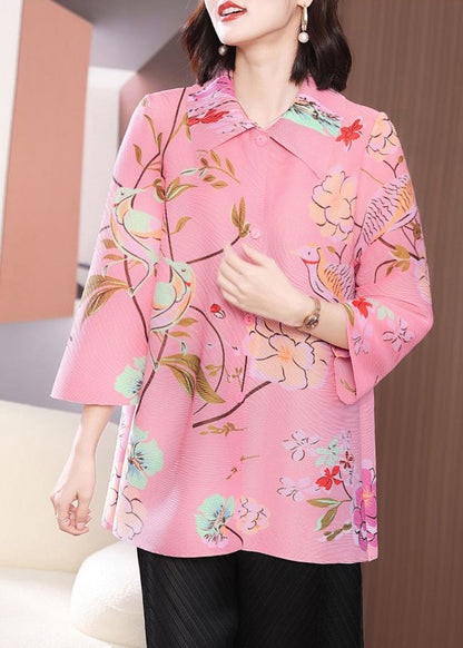 Classy Pink Oversized Print Wrinkled Blouse Top Bracelet Sleeve LY2735 - fabuloryshop