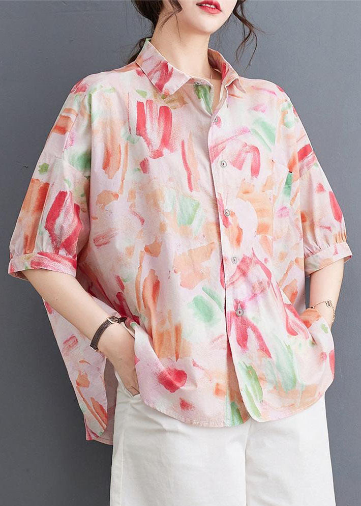 Classy Pink Peter Pan Collar Print Patchwork Cotton Shirts Summer LY5310 - fabuloryshop