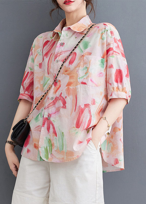 Classy Pink Peter Pan Collar Print Patchwork Cotton Shirts Summer LY5310 - fabuloryshop