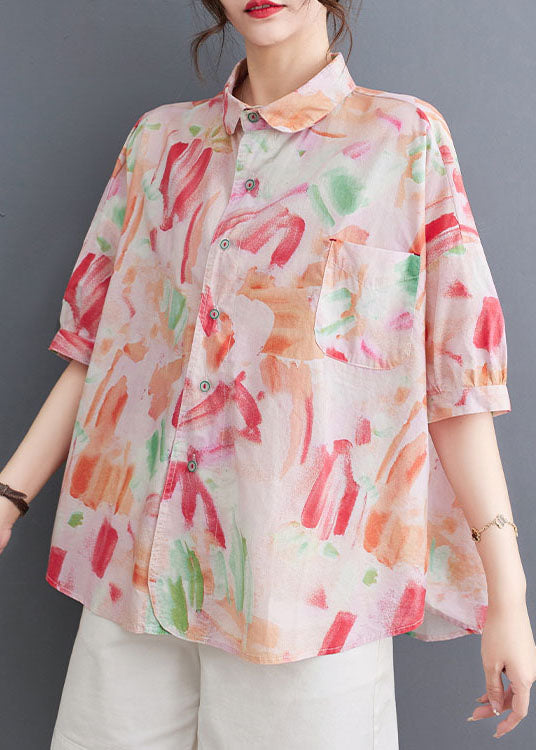 Classy Pink Peter Pan Collar Print Patchwork Cotton Shirts Summer LY5310 - fabuloryshop