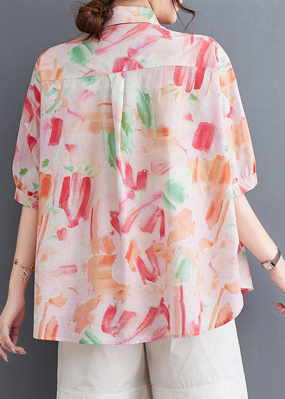 Classy Pink Peter Pan Collar Print Patchwork Cotton Shirts Summer LY5310 - fabuloryshop