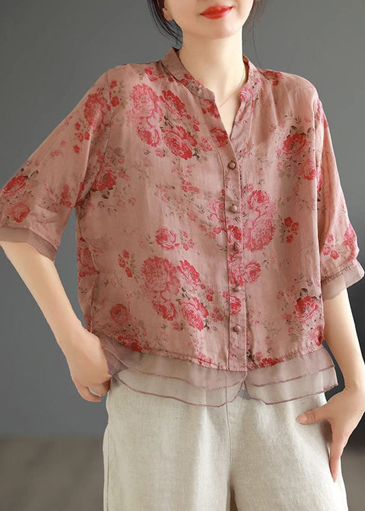 Classy Pink Print Button Patchwork Linen Shirts Top Summer Ada Fashion