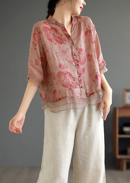 Classy Pink Print Button Patchwork Linen Shirts Top Summer Ada Fashion