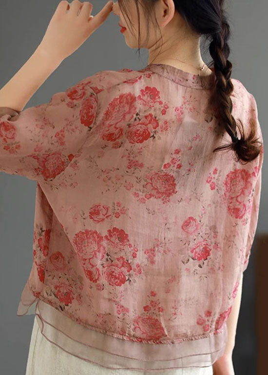 Classy Pink Print Button Patchwork Linen Shirts Top Summer Ada Fashion