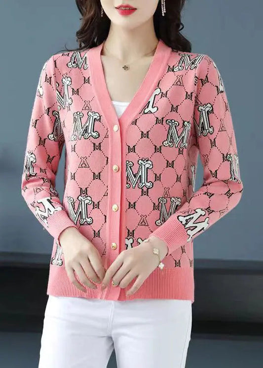 Classy Pink V Neck Jacquard Patchwork Woolen Loose Cardigans Fall Ada Fashion