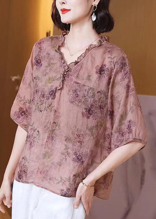 Classy Pink V Neck Ruffled Print Patchwork Linen Shirt Top Summer TP1053 - fabuloryshop