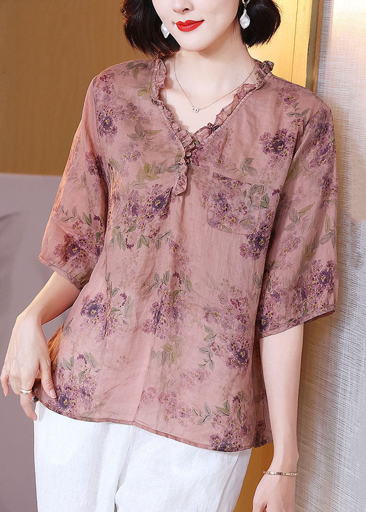 Classy Pink V Neck Ruffled Print Patchwork Linen Shirt Top Summer TP1053 - fabuloryshop