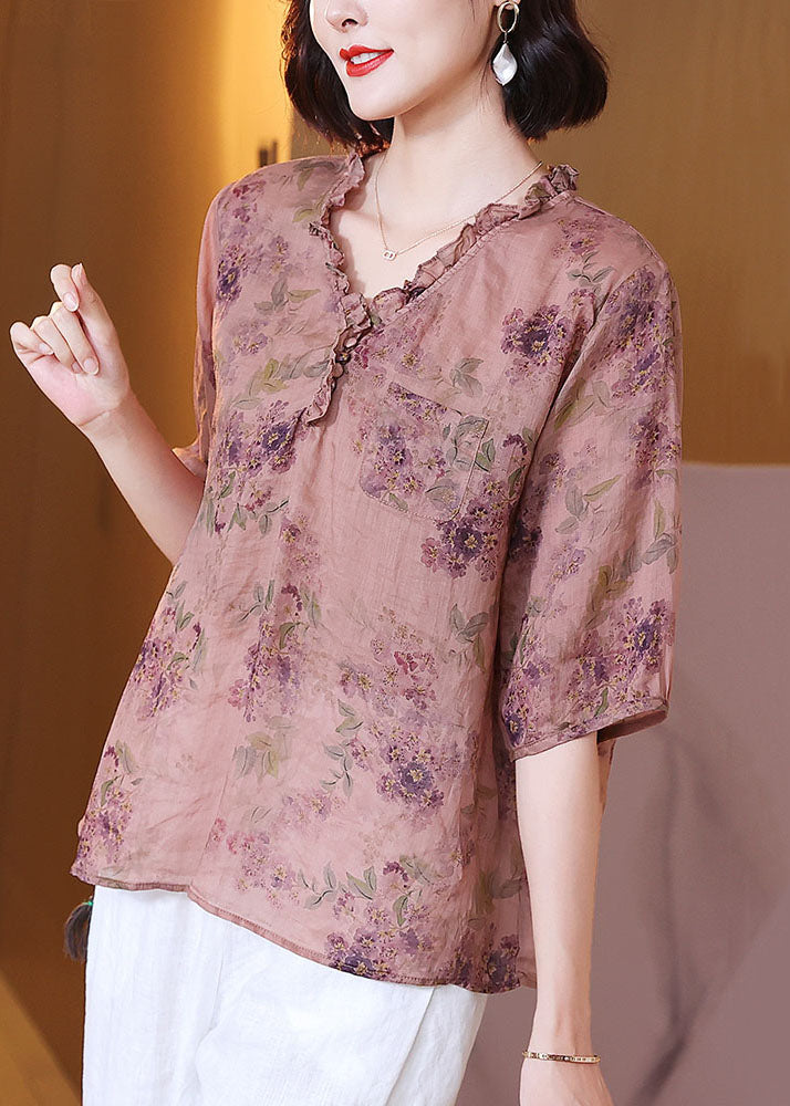 Classy Pink V Neck Ruffled Print Patchwork Linen Shirt Top Summer TP1053 - fabuloryshop