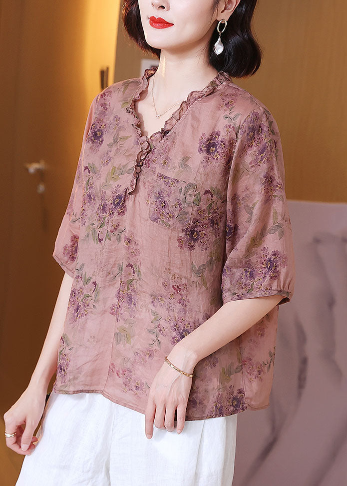 Classy Pink V Neck Ruffled Print Patchwork Linen Shirt Top Summer TP1053