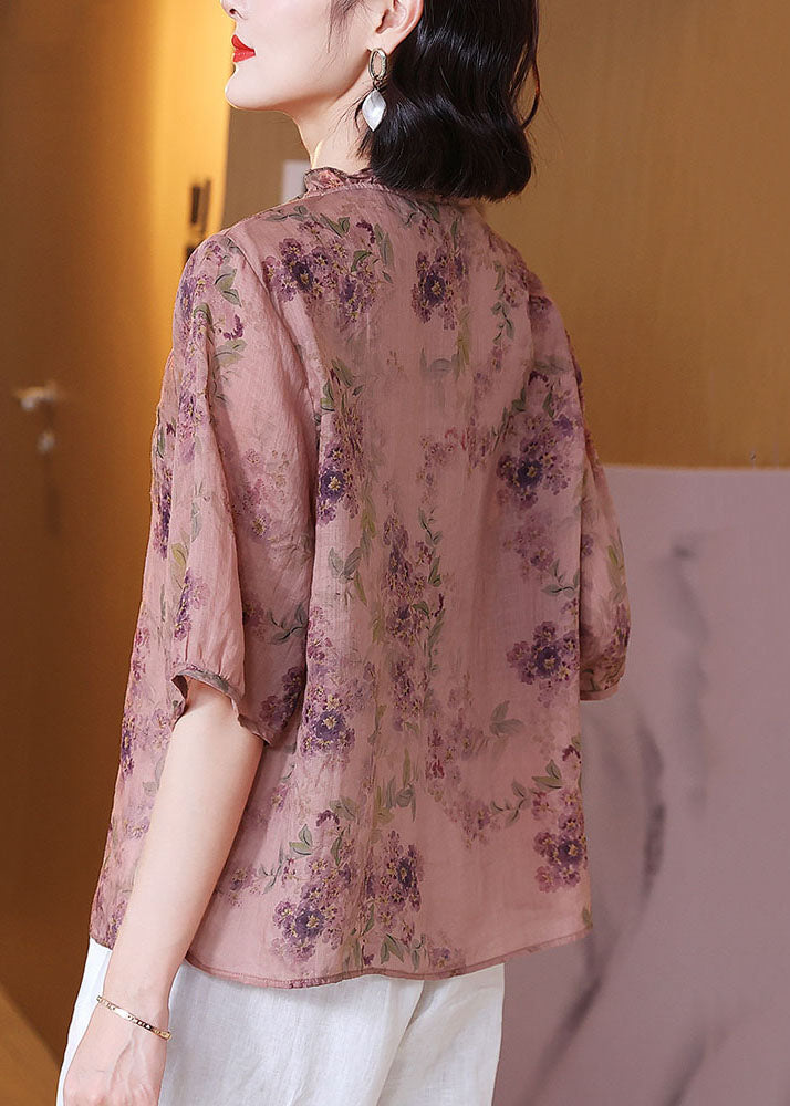 Classy Pink V Neck Ruffled Print Patchwork Linen Shirt Top Summer TP1053 - fabuloryshop