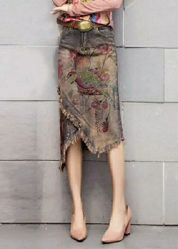 Classy Print Sashes Asymmetrical Denim Skirts TY1049 - fabuloryshop