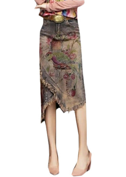 Classy Print Sashes Asymmetrical Denim Skirts TY1049 - fabuloryshop