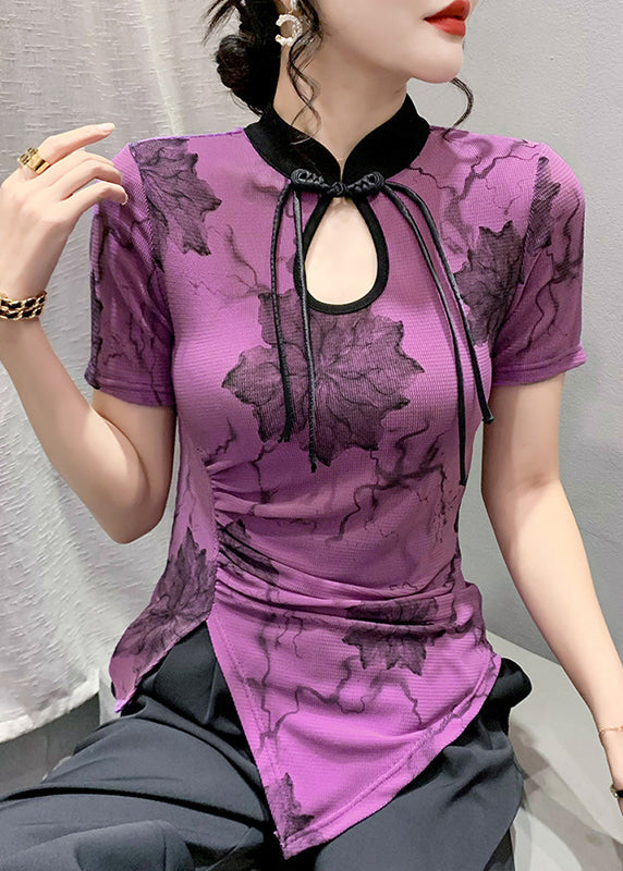 Classy Purple Asymmetrical Hollow Out Tops Short Sleeve Ada Fashion