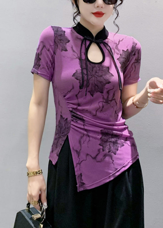 Classy Purple Asymmetrical Hollow Out Tops Short Sleeve Ada Fashion