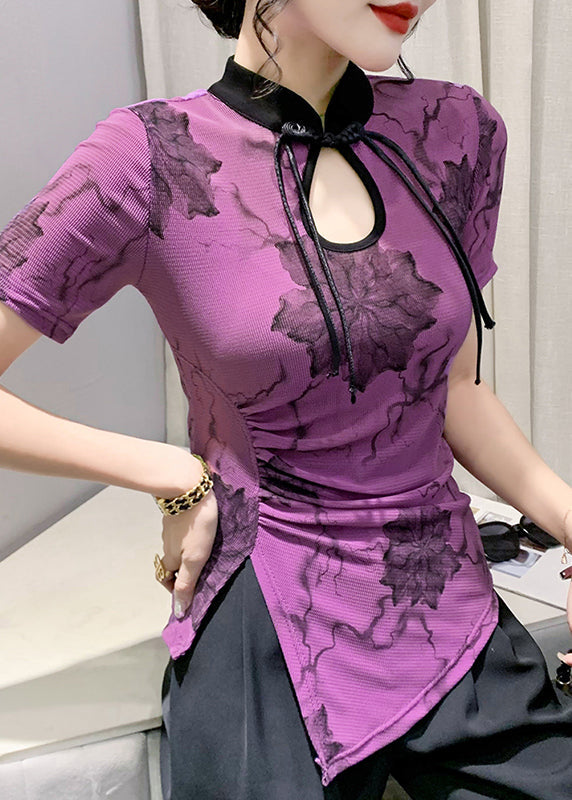 Classy Purple Asymmetrical Hollow Out Tops Short Sleeve Ada Fashion