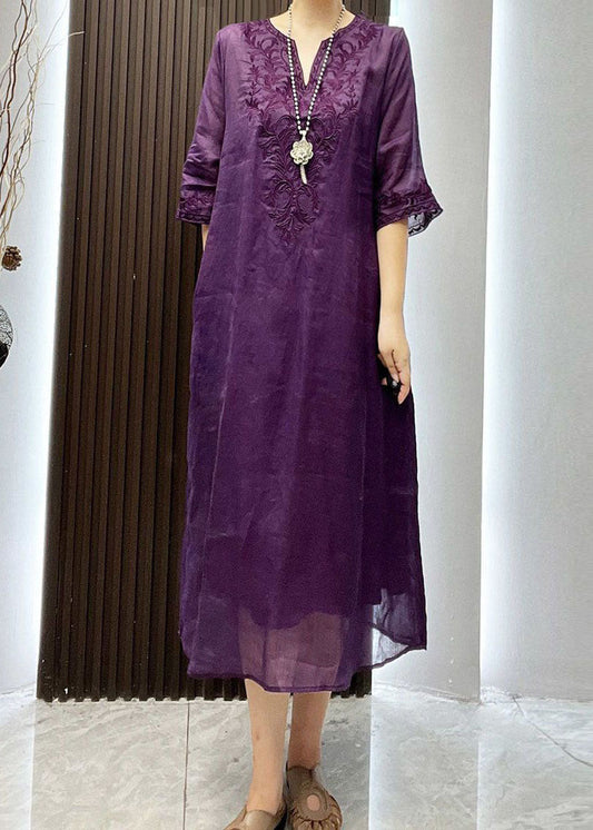 Classy Purple Embroideried Patchwork Linen Dress Two Pieces Set Summer LY4638 - fabuloryshop