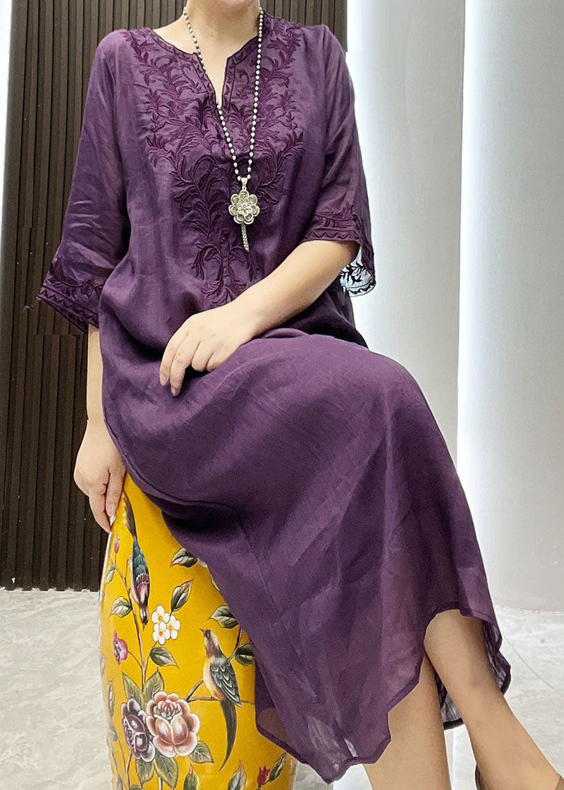 Classy Purple Embroideried Patchwork Linen Dress Two Pieces Set Summer LY4638 - fabuloryshop