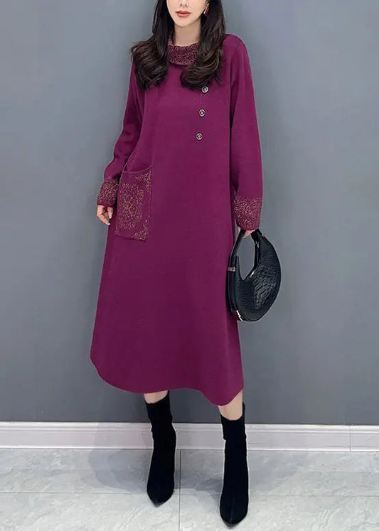 Classy Purple Hign Neck Pockets Patchwork Knit Long Dresses Fall Ada Fashion