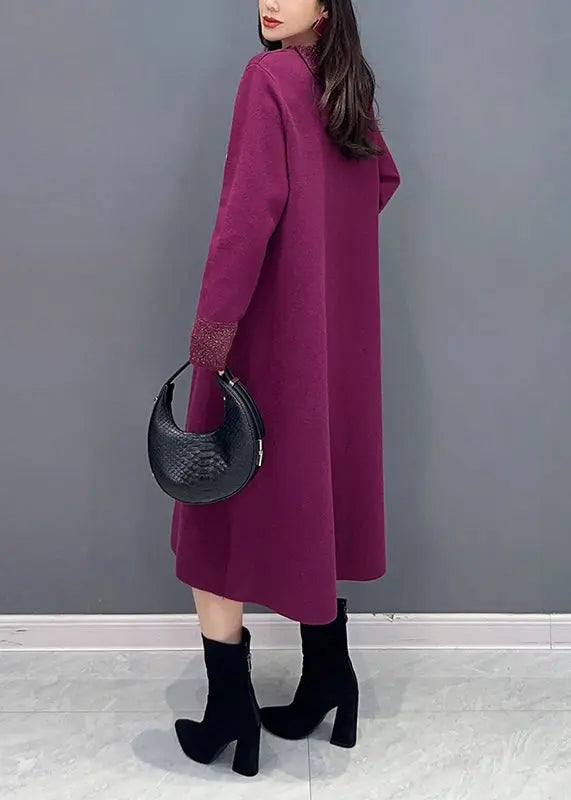 Classy Purple Hign Neck Pockets Patchwork Knit Long Dresses Fall Ada Fashion