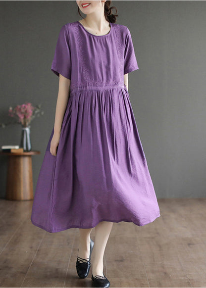 Classy Purple O-Neck Embroideried Cotton Dress Summer LY5278 - fabuloryshop