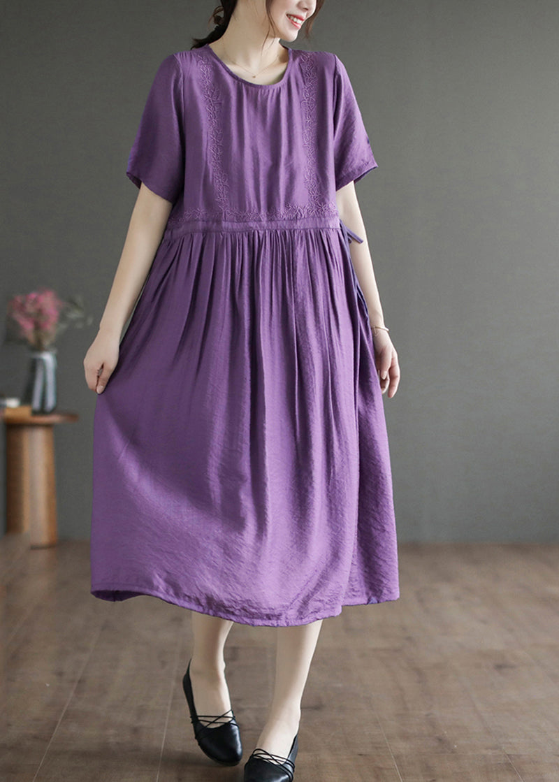 Classy Purple O-Neck Embroideried Cotton Dress Summer LY5278 - fabuloryshop