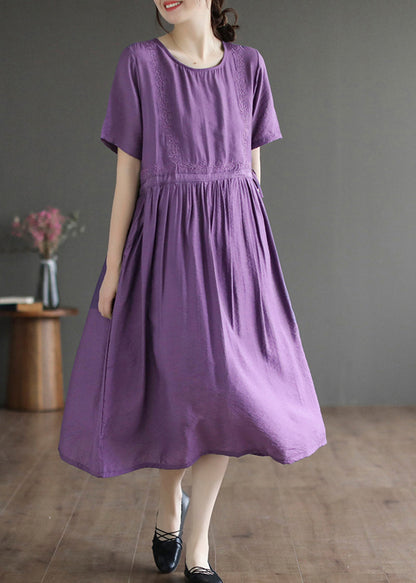 Classy Purple O-Neck Embroideried Cotton Dress Summer LY5278 - fabuloryshop