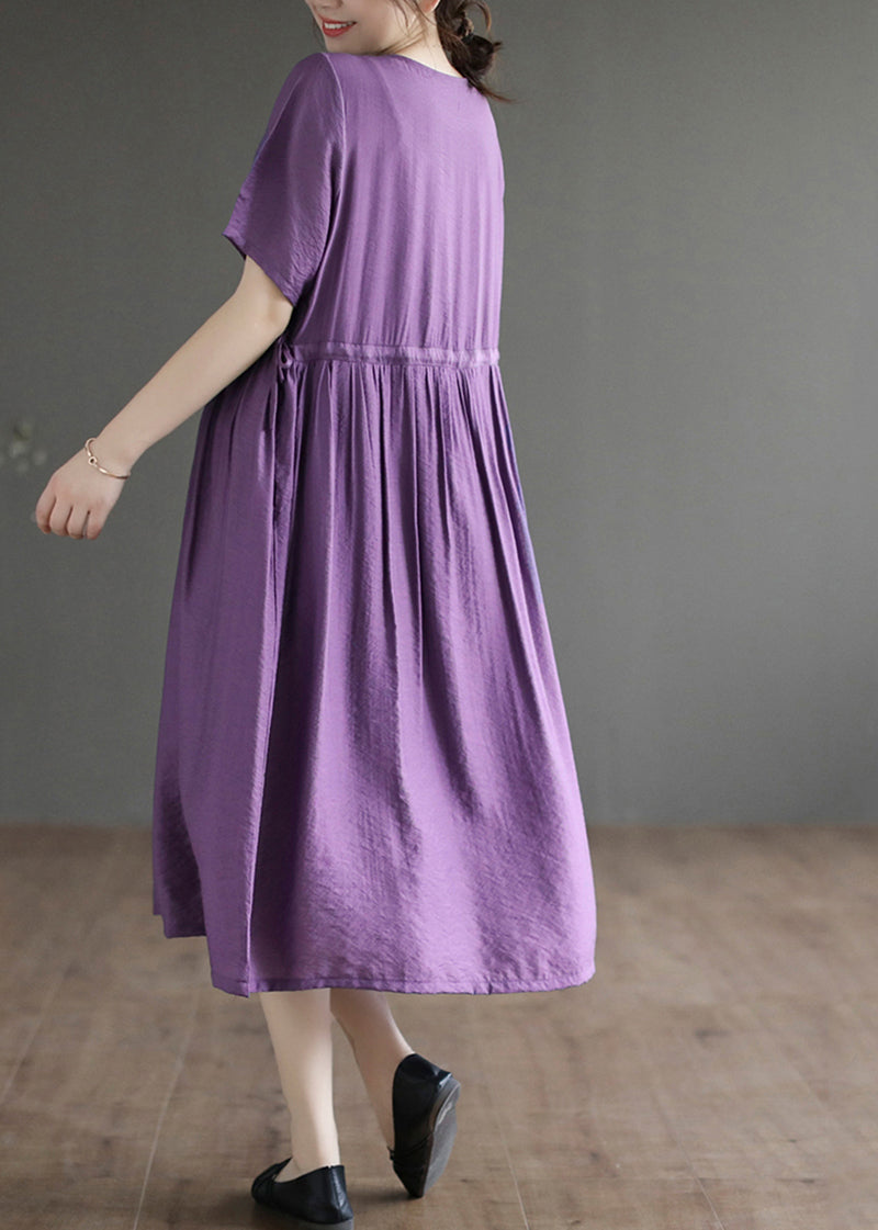 Classy Purple O-Neck Embroideried Cotton Dress Summer LY5278 - fabuloryshop