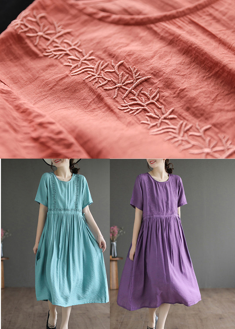 Classy Purple O-Neck Embroideried Cotton Dress Summer LY5278 - fabuloryshop