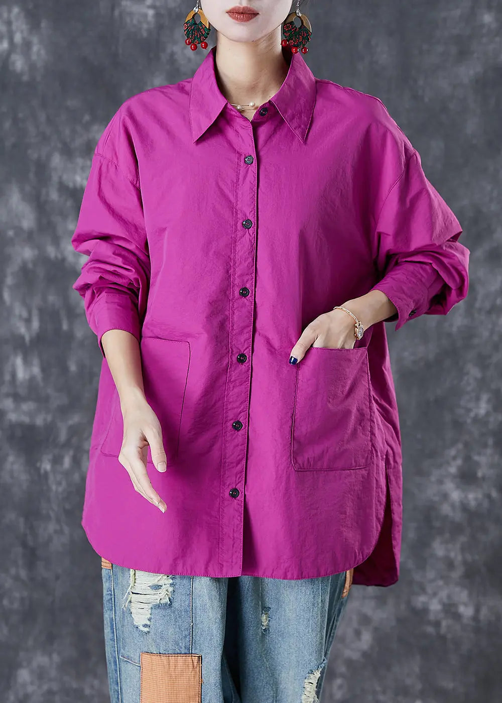 Classy Purple Oversized Pockets Cotton Blouses Fall Ada Fashion