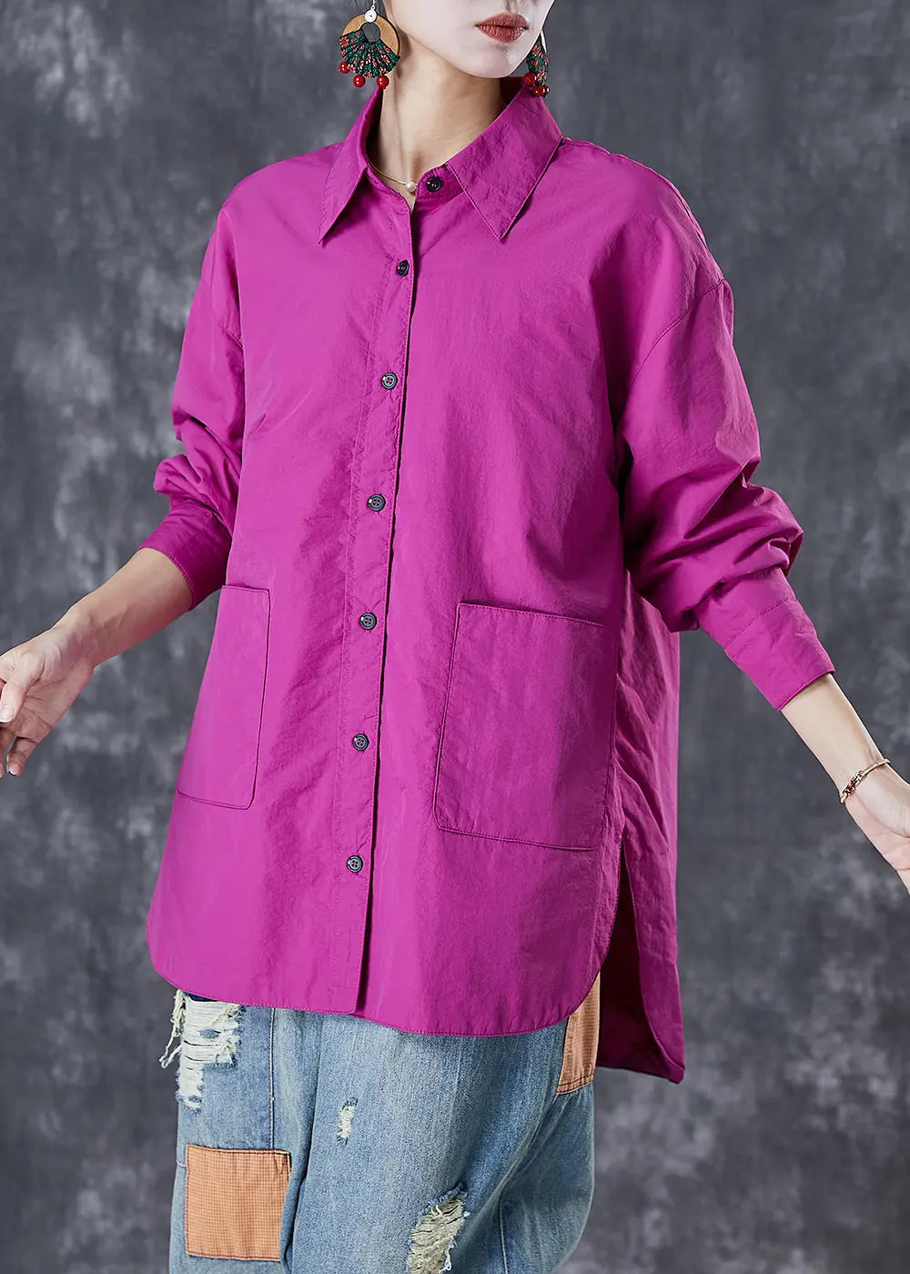 Classy Purple Oversized Pockets Cotton Blouses Fall Ada Fashion