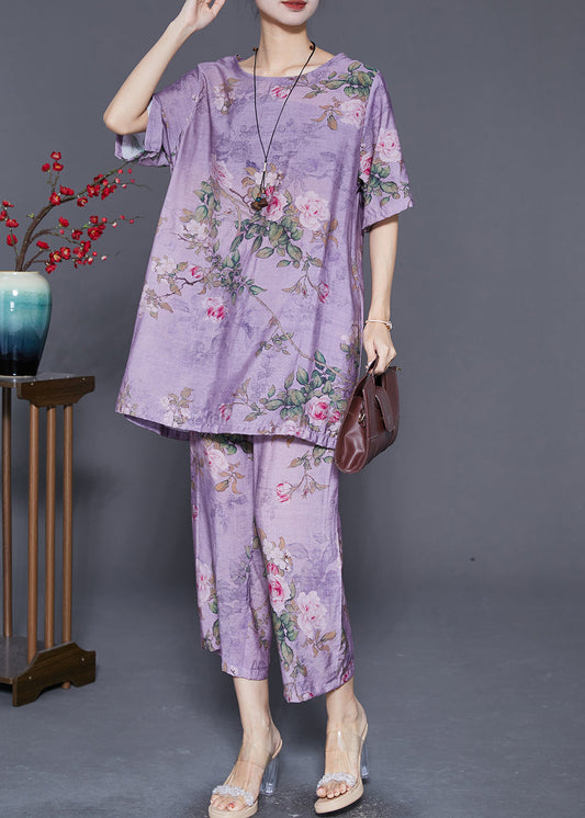 Classy Purple Oversized Print Linen Two Pieces Set Summer Ada Fashion