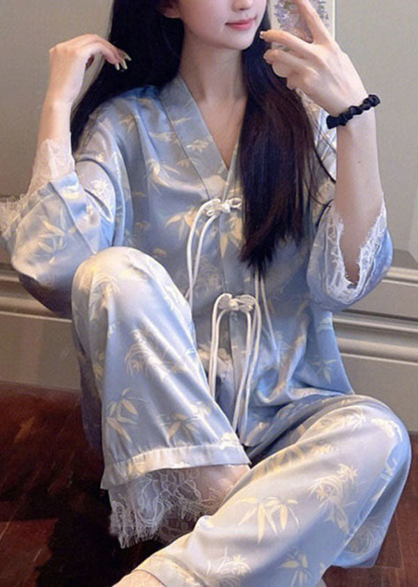 Classy Purple Tasseled Lace Patchwork Ice Silk Two-Piece Set Pajamas Long Sleeve LY2810 - fabuloryshop