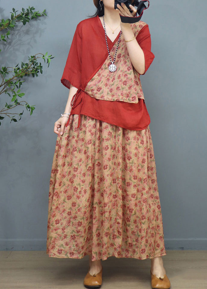 Classy Red Asymmetrical Print Patchwork Cotton Two Pieces Set Summer Ada Fashion