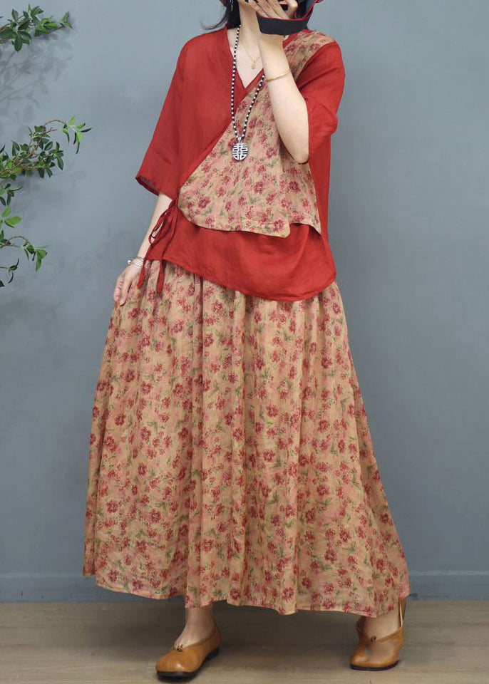 Classy Red Asymmetrical Print Patchwork Cotton Two Pieces Set Summer Ada Fashion