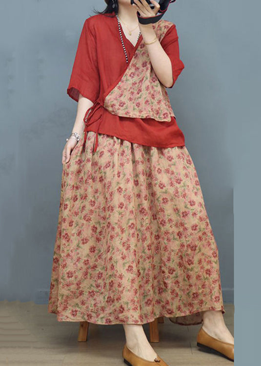 Classy Red Asymmetrical Print Patchwork Cotton Two Pieces Set Summer Ada Fashion