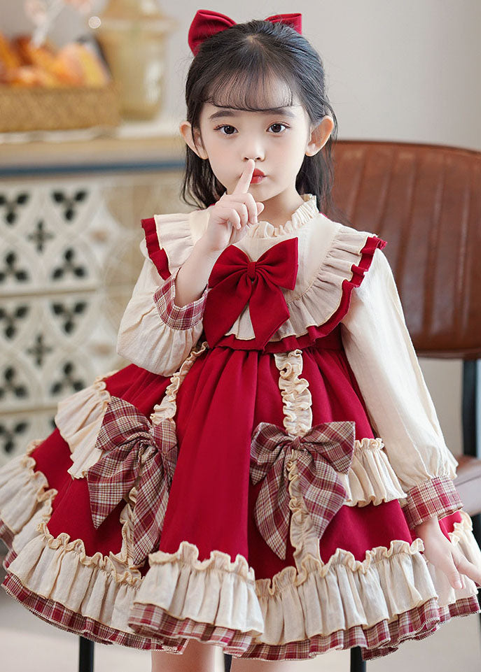 Classy Red Bow Ruffled Patchwork Kids Mid Dress Long Sleeve Ada Fashion