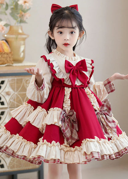 Classy Red Bow Ruffled Patchwork Kids Mid Dress Long Sleeve Ada Fashion