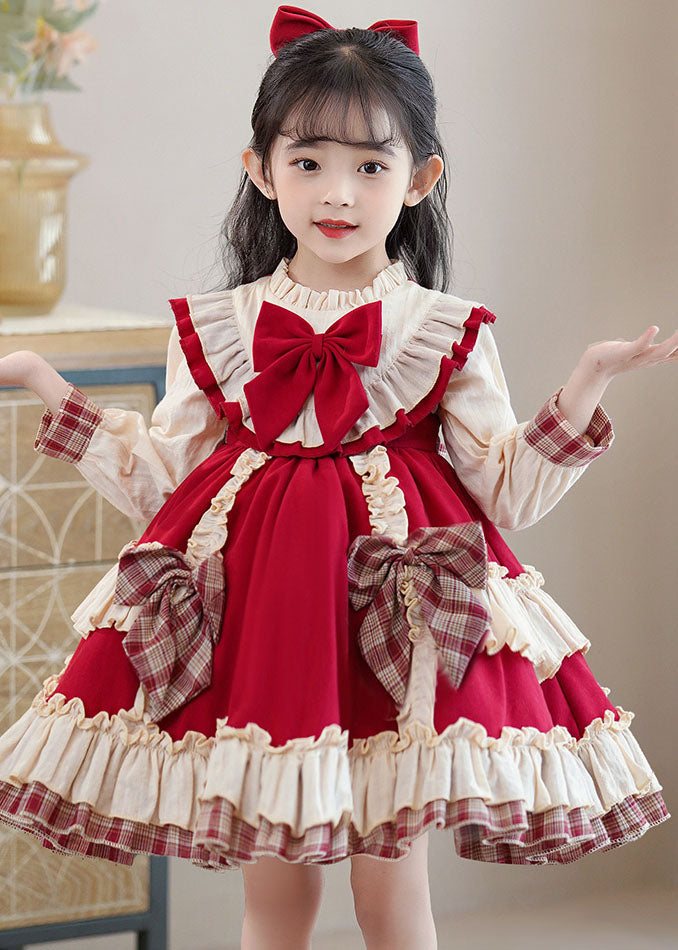 Classy Red Bow Ruffled Patchwork Kids Mid Dress Long Sleeve Ada Fashion