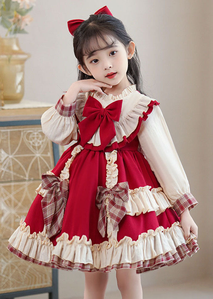 Classy Red Bow Ruffled Patchwork Kids Mid Dress Long Sleeve Ada Fashion