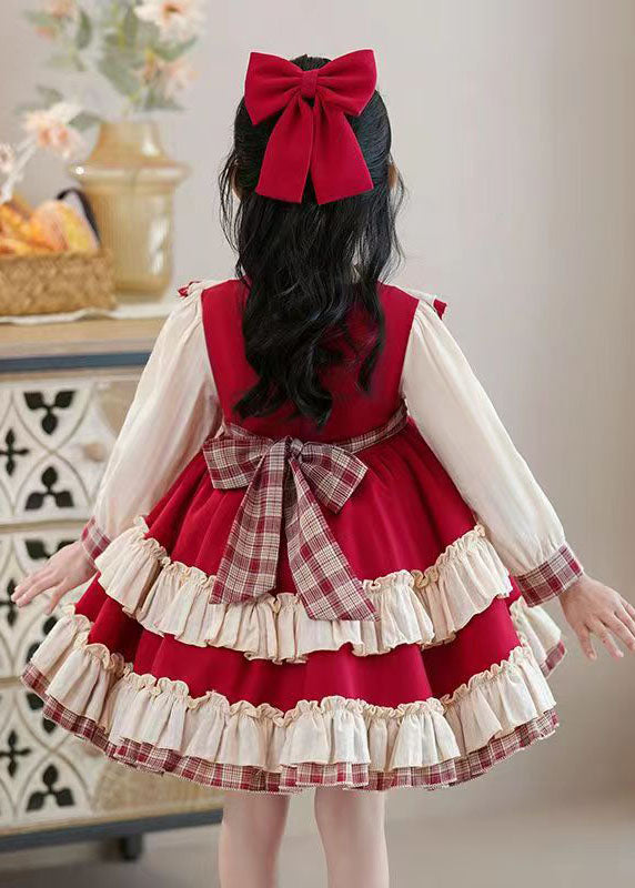 Classy Red Bow Ruffled Patchwork Kids Mid Dress Long Sleeve Ada Fashion