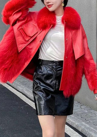 Classy Red Fur Collar Patchwork Faux Fur Jackets Winter Ada Fashion