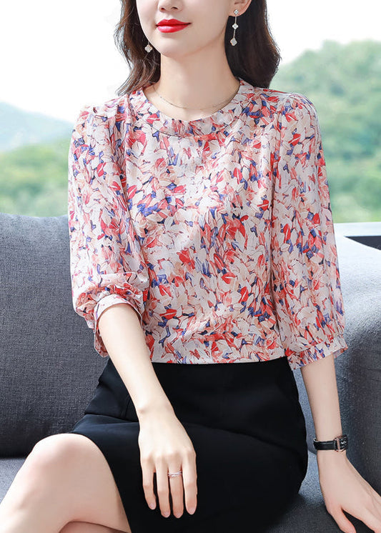 Classy Red O-Neck Print Chiffon Shirt Tops Half Sleeve LY0452 - fabuloryshop