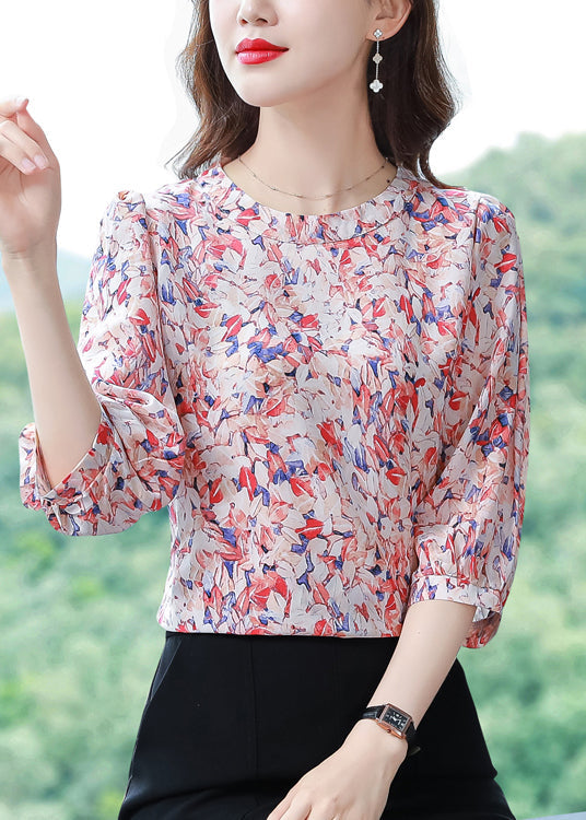 Classy Red O-Neck Print Chiffon Shirt Tops Half Sleeve LY0452 - fabuloryshop