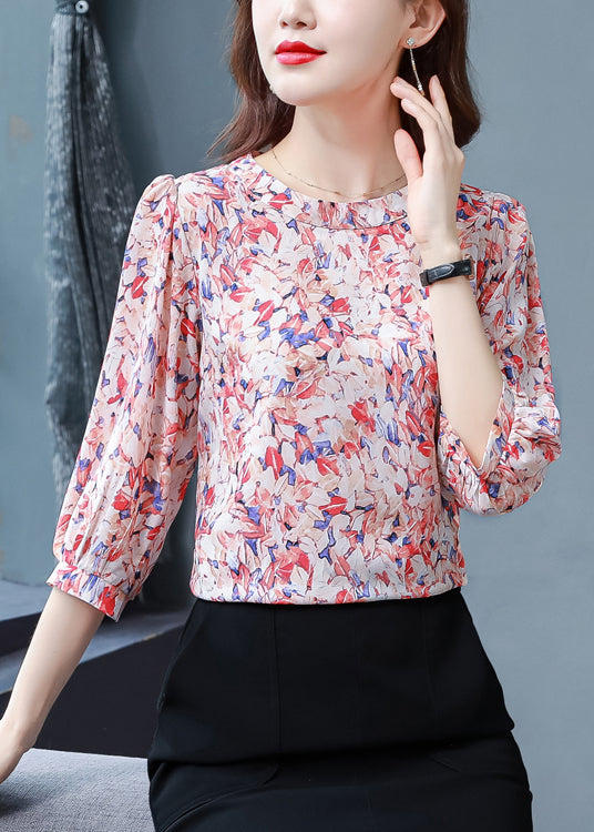 Classy Red O-Neck Print Chiffon Shirt Tops Half Sleeve LY0452 - fabuloryshop