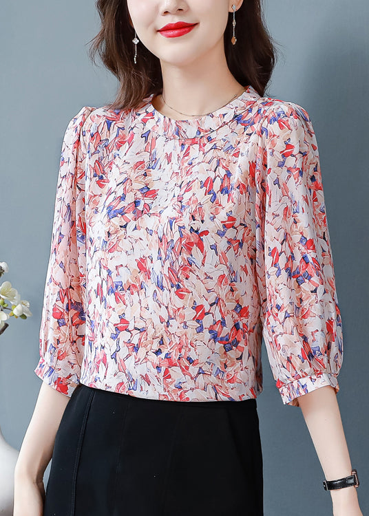 Classy Red O-Neck Print Chiffon Shirt Tops Half Sleeve LY0452 - fabuloryshop